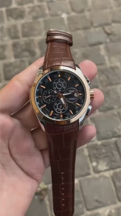 Tissot Style Black Dial Chronograph Gold Bezel Brown Leather Strap Watch