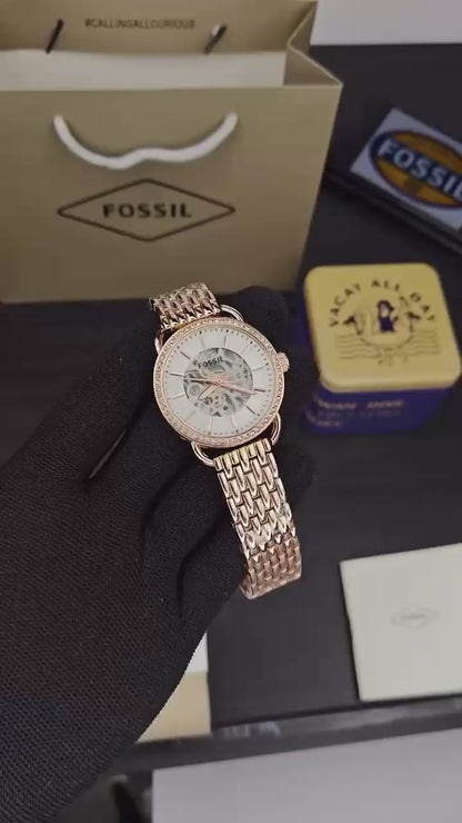 Fossil Gold Skeleton Dial Crystal Bezel Watch