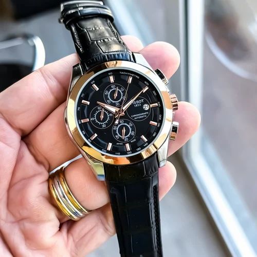 Tissot Style Black Dial Chronograph Rose Gold Bezel Leather Strap Watch