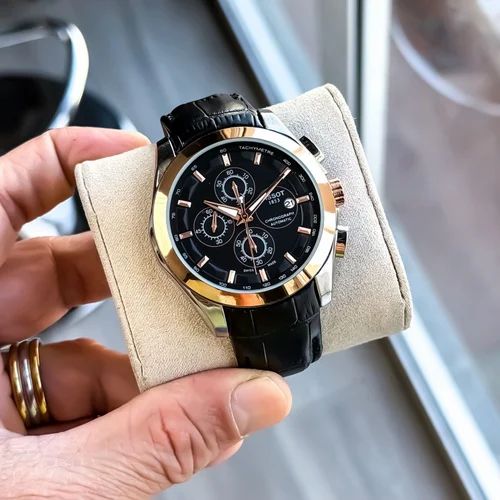 Tissot Style Black Dial Chronograph Rose Gold Bezel Leather Strap Watch
